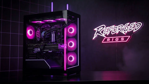 Reforged Rigs gaming PC with neon logo